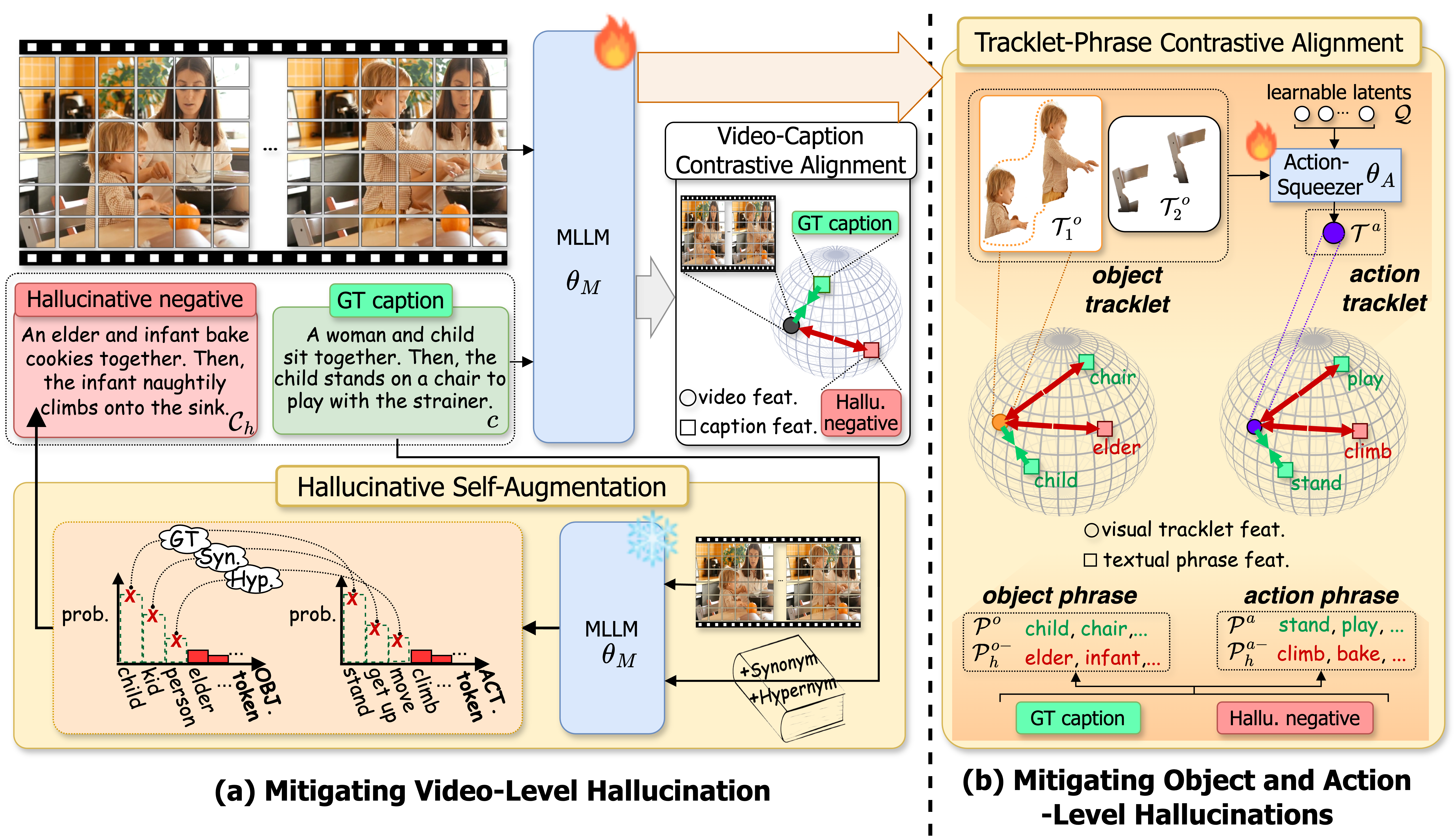 Mitigating Object and Action Hallucinations in Multimodal LLMs via Self-Augmented Contrastive Alignment